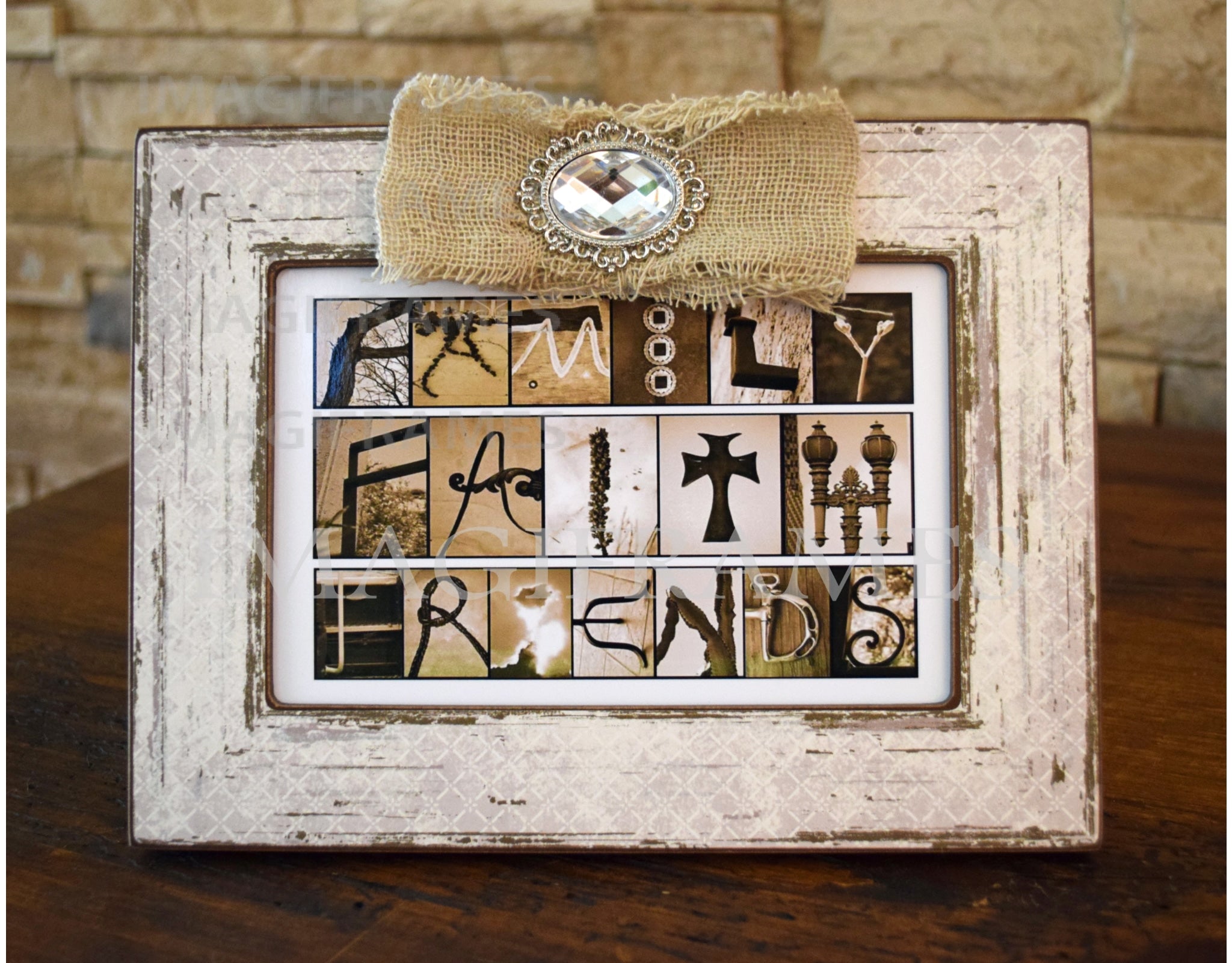 FAMILY FAITH FRIENDS Crystal and Burlap Frame